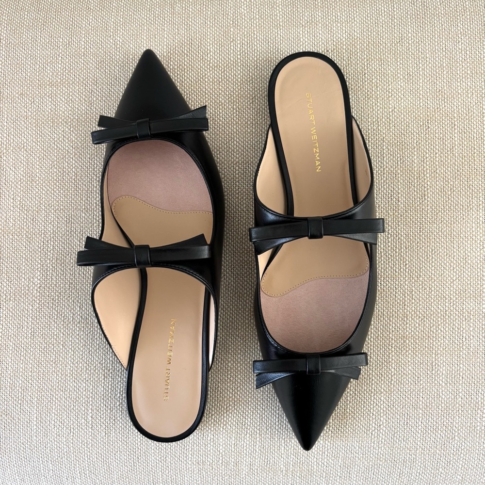 Stuart Weitzman Reese Flat Slide NIB Black Leather Mary-Jane Bows Pointy Toes 8